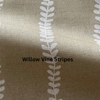 Thumbnail for Textured fabric with white vine stripes on a beige background, labeled 'Willow Vine Stripes'.