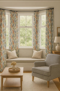 Thumbnail for Bay window styled with botanical print cotton curtains in earth tones, handcrafted home textiles for sustainable soft furnishings