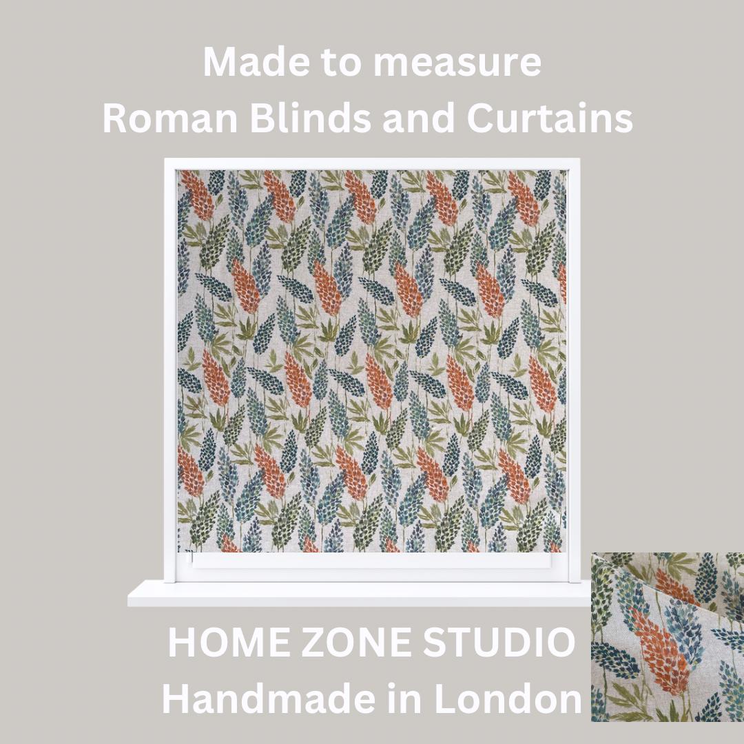 Made to measure botanical print Roman blind in sustainable fabric with orange blue and green foliage, handmade window treatment by Home Zone Studio