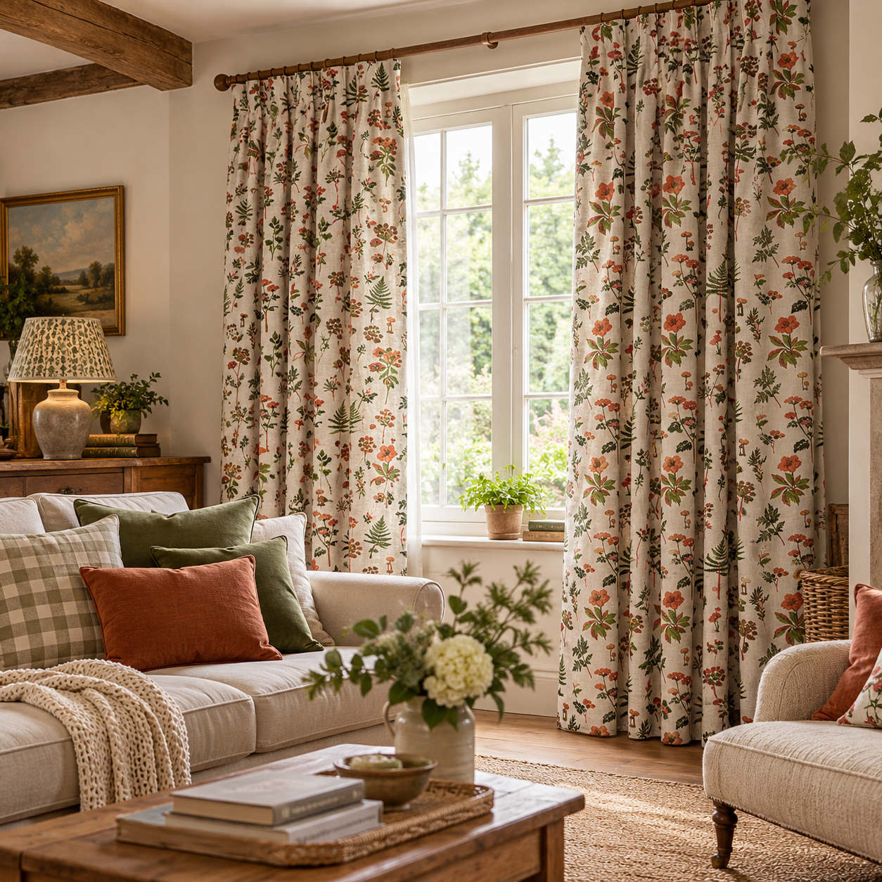 Cosy English country cottage living room featuring full-length grey woodland botanical curtains with green ferns, orange wildflowers and mushroom motifs, styled with a cream sofa, rustic wooden furniture and natural accessories.
