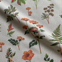 Thumbnail for Full view of grey woodland botanical fabric featuring green ferns, orange wildflowers, mushrooms and delicate leafy sprigs