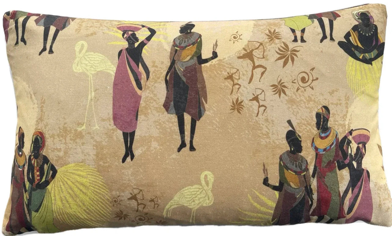 Ethnic-style rectangular throw pillow with African women and tribal art in warm tones, featuring yellow flamingos, baskets, and traditional dress.

