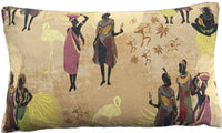 Thumbnail for Ethnic-style rectangular throw pillow with African women and tribal art in warm tones, featuring yellow flamingos, baskets, and traditional dress.

