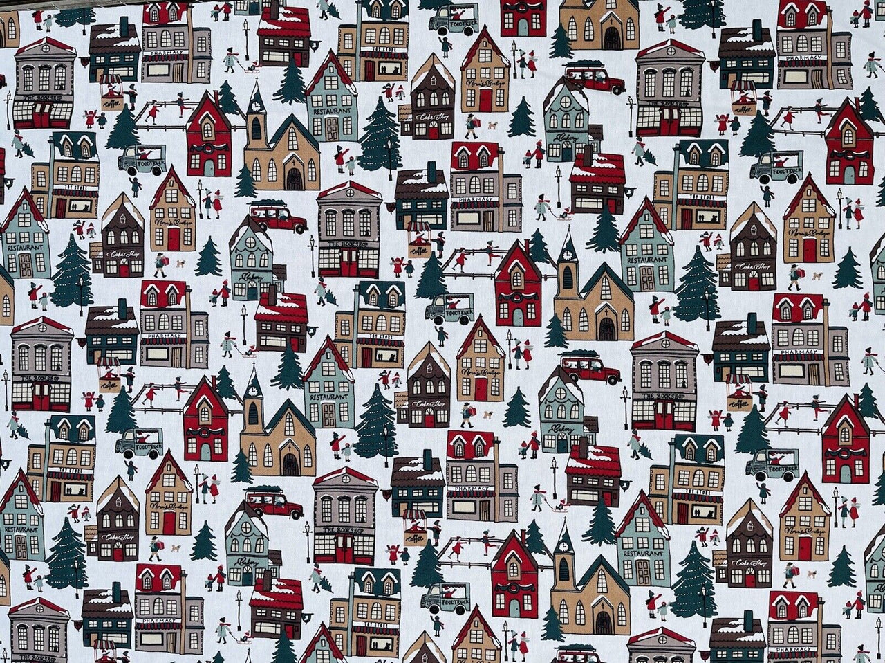 Winter Village Cotton Printed Fabric by Meter Red House Xmas Snow Kids Playing