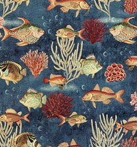 Thumbnail for Fishes And Corals Costal Upholstery Fabric Sold by Meter Blue Nautical Tapestry Textile