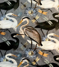 Thumbnail for Grey Velvet fabric by The Meter Herons Birds Sewing Material Dragonflies Butterflies Lotus Waterlily Botanical Floral Pattern For upholstery pillows cushions crafts
