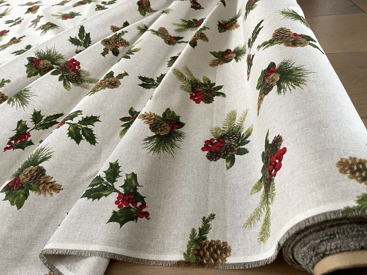 Pinecones Cotton Fabric - Festive Christmas Print, Red & Green Winter Holiday Material for Sewing & Crafts