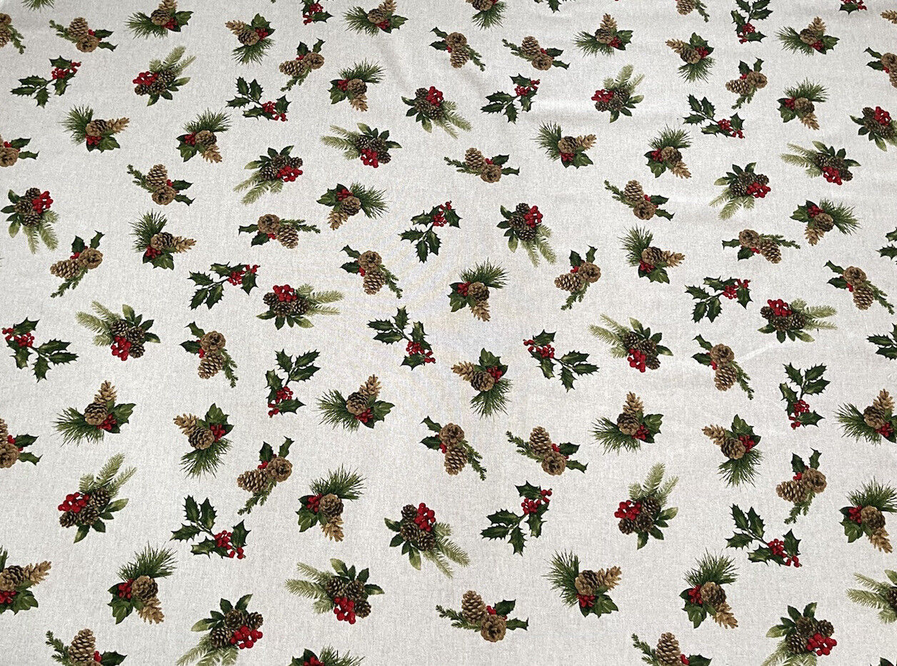 Pinecones Cotton Fabric - Festive Christmas Print, Red & Green Winter Holiday Material for Sewing & Crafts