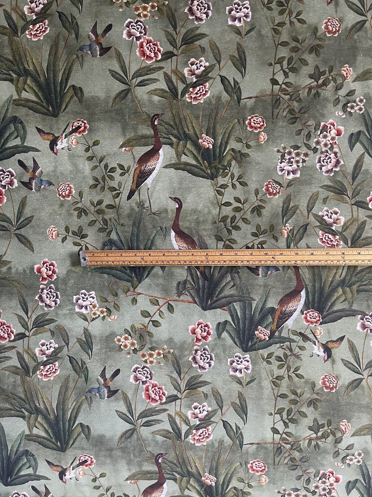 Goose Bird Garden Botanical Vintage Style Printed Green Cotton Fabric by Meter