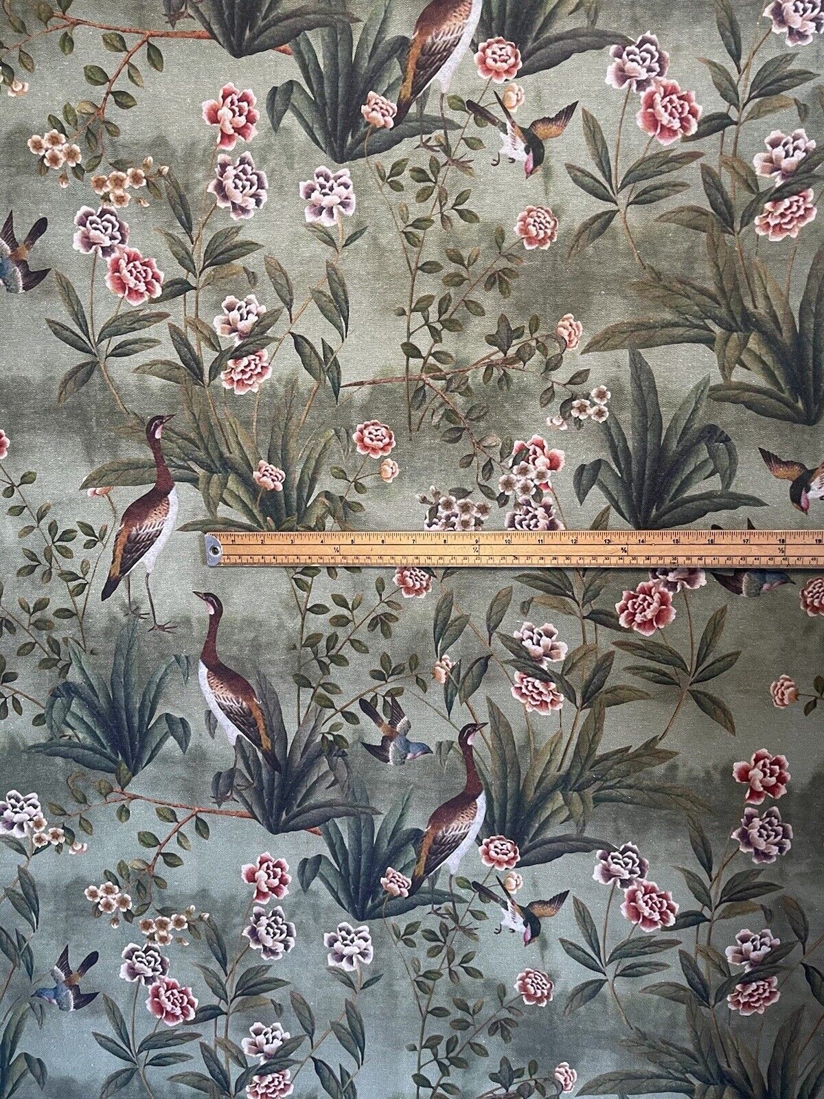 Goose Bird Garden Botanical Vintage Style Printed Green Cotton Fabric by Meter