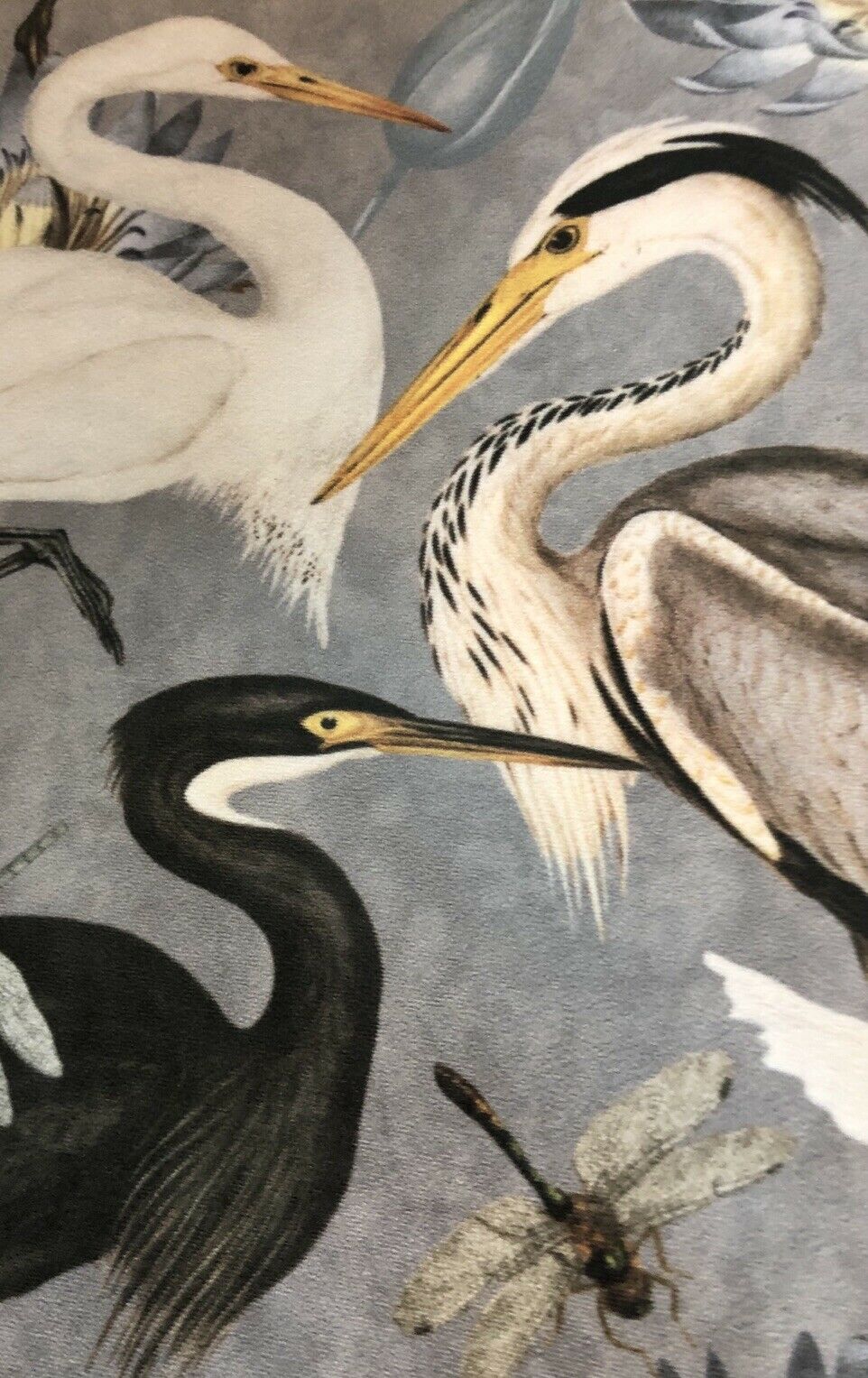 Grey Velvet fabric by The Meter Herons Birds Sewing Material Dragonflies Butterflies Lotus Waterlily Botanical Floral Pattern For upholstery pillows cushions crafts