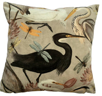 Thumbnail for Herons Birds Cushion Cover Printed Italian Velvet Beige Black Lotus Dragonfly