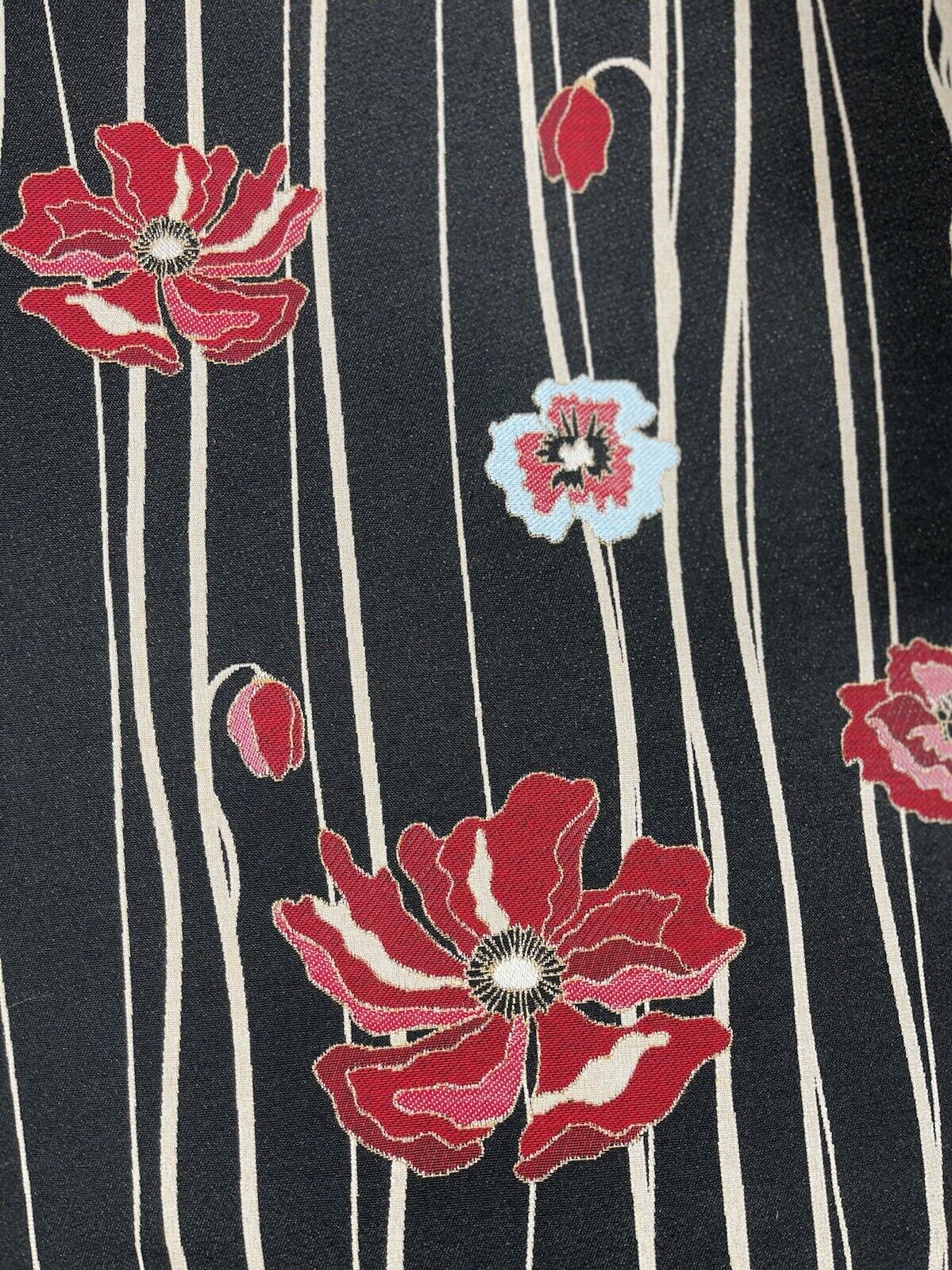 Poppy Woven Fabric Sold by Meter Upholstery Black Red Buds Streams Leaves Stripe