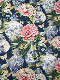 Thumbnail for Blue Jardin Floral Cotton Fabric by Meter Oriental Asian Vase Sewing Material Blue Textile