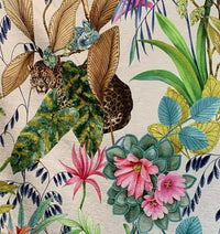 Thumbnail for Cream Tonga Jungle Leopard Giraffe Botanic Floral Plants Animals Fabric by Meter