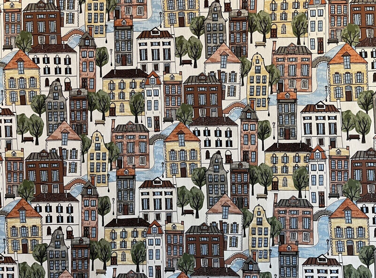 Little Village Cotton Fabric by Meter Town Houses Street River Lamppost Windows