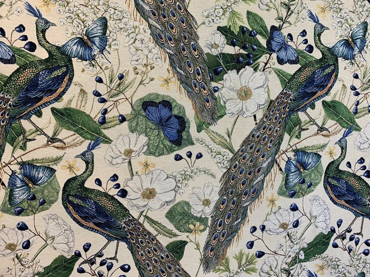Peacock Butterflies Birds Botanical Woven Fabric Sold by Meter Floral Upholstery Textile Beige Sewing Material