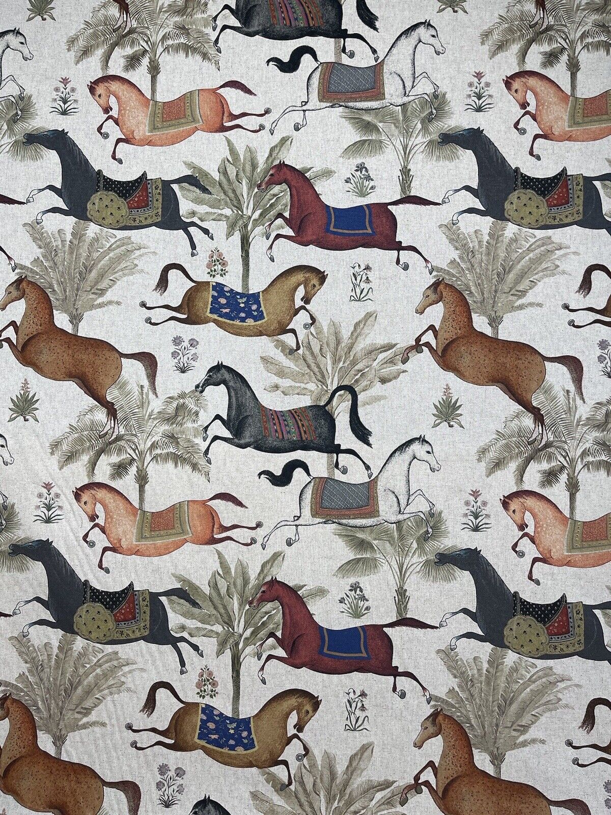 Arabian Horses Printed Grey Cotton Linen Fabric By Meters Palm Tree Animals Textile Stallion Black
