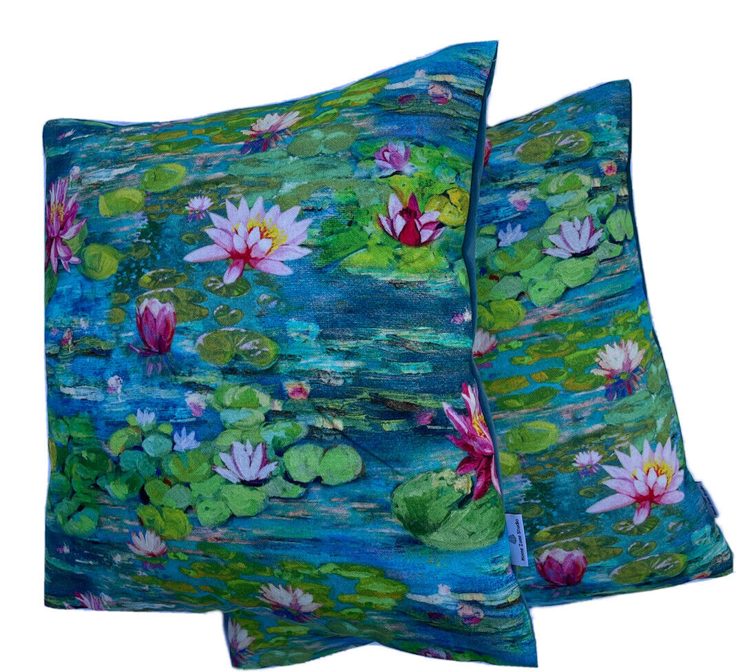 Lotus Cushion Cover Cotton Plants Botanical Water Lilly Pond Flowers Leaves Blue