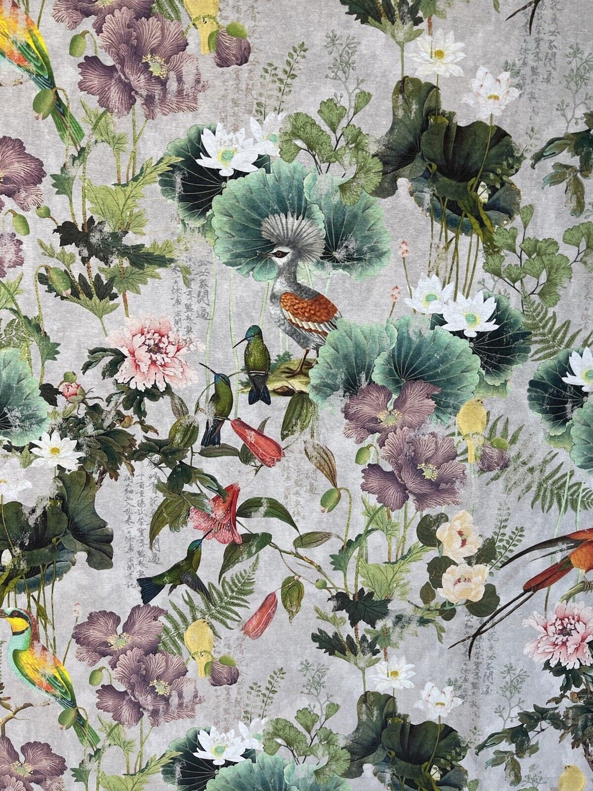 Hummingbirds Printed Cotton Fabric by Meter Paradise Birds Botanical Floral Sewing Material Vintage Grey Cottonn
