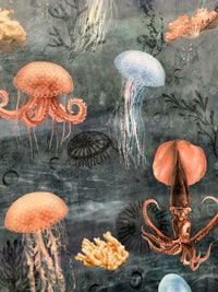Thumbnail for Jellyfish Squid Italian Velvet by Meter Blue Fabric By Yard Sea Life Sewing Material Octopus Starfish Nature Underwater