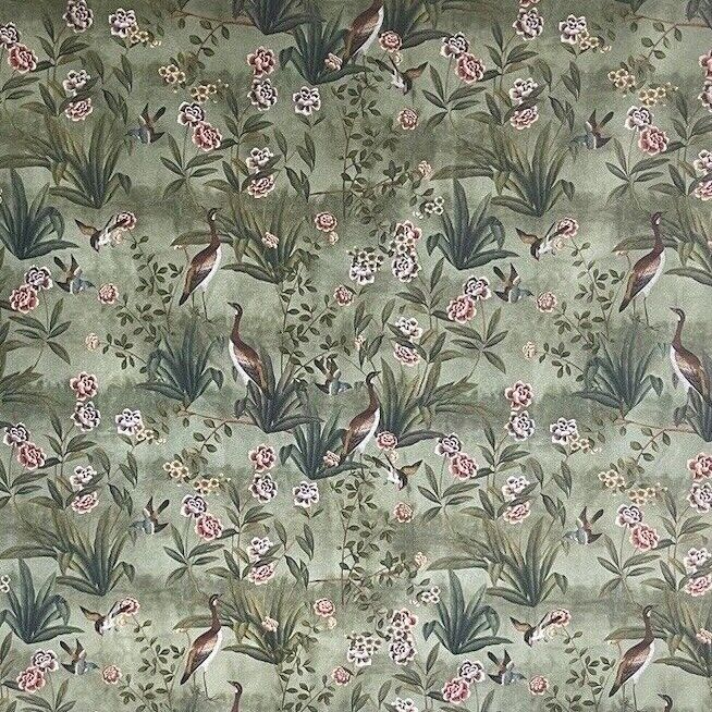 Goose Bird Garden Botanical Vintage Style Printed Green Cotton Fabric by Meter