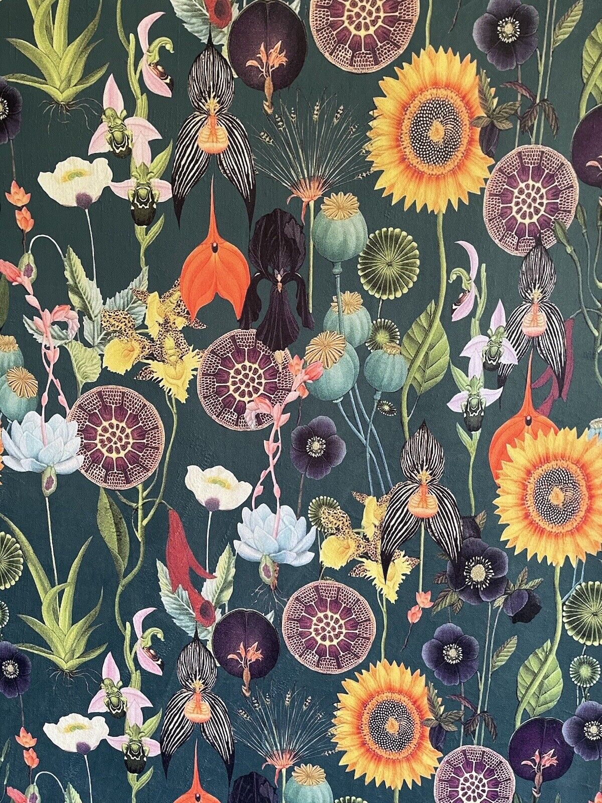 Dark Green Botanical Velvet Poppy Sunflower Fabric - Sold By Meter