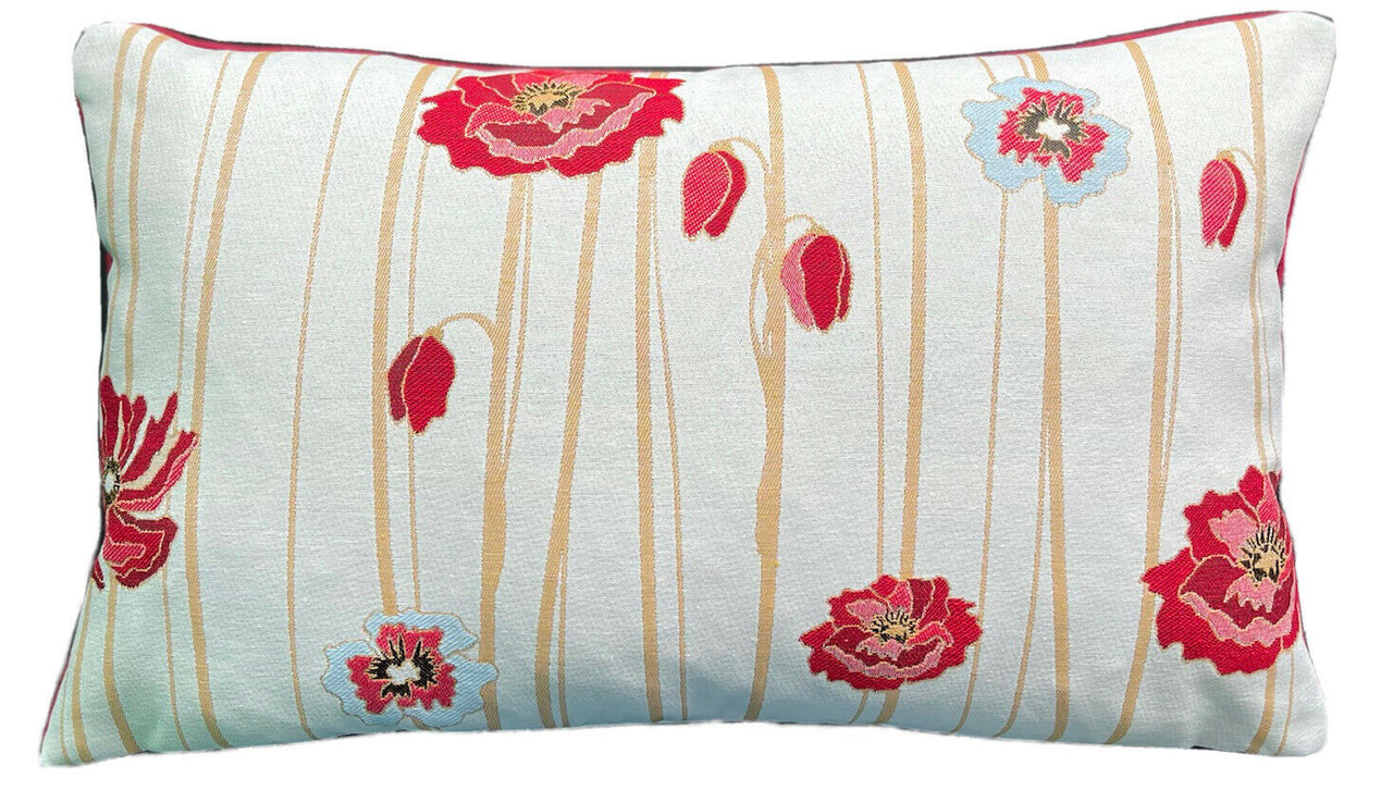 Red Poppy Cushion Cover Beige Woven Stripes Throw Pillow Botanica Pink Garden