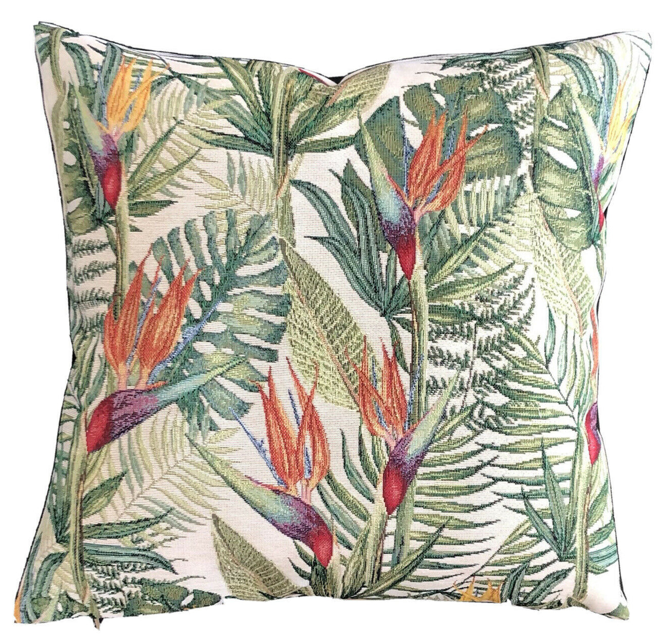 Birds Of Paradise Beige Woven Cushion Cover Tropical Orange Flower Green Plants