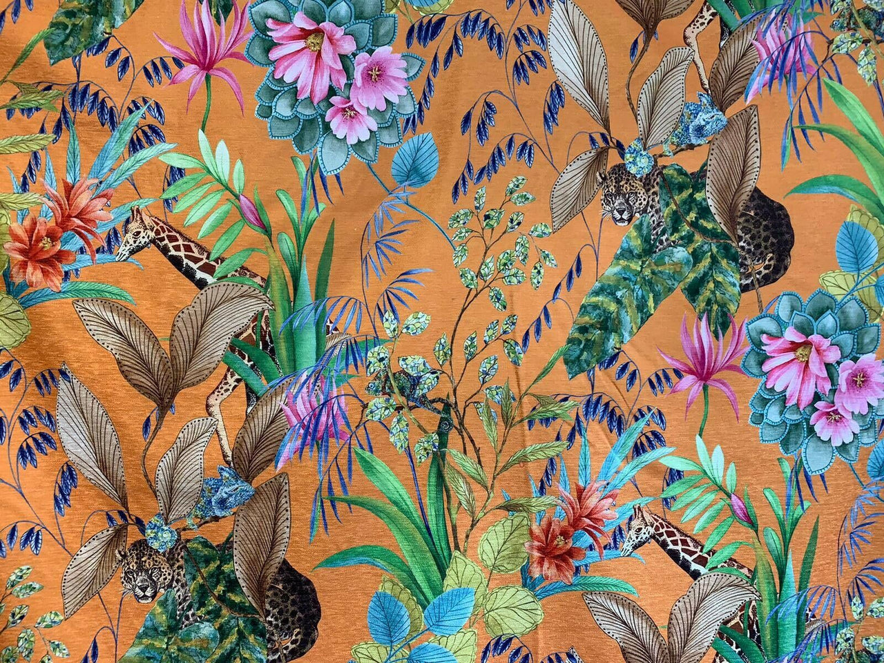 Orange Tonga Jungle Leopard Giraffe Botanic Flower Plants Animal Fabric by Meter