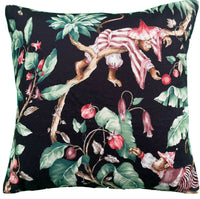 Thumbnail for Guarana Tree Monkey Black Cushion Cover Botanical Animal Print Green Red Leaves