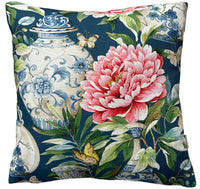 Thumbnail for Jardin Floral Throw Pillow Cover Blue Botanical Cotton Cushion Cover Asian Vases Print Sofa Décor