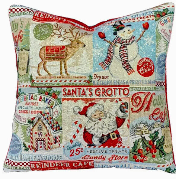 Xmas Santa Grotto Cushion Cover - 16” Woven Fabric in Red & Gold for Festive Celebration