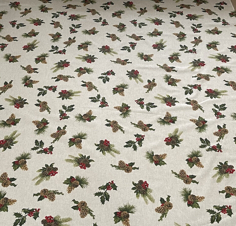 Pinecones Cotton Fabric - Festive Christmas Print, Red & Green Winter Holiday Material for Sewing & Crafts