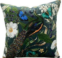 Thumbnail for Peacock Italian Velvet Cushion Cover Green Teal Blue Green Butterfly Floral 22