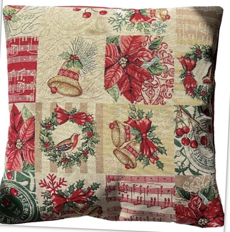 Xmas Bells Cushion Cover - Red, Gold & Green Bird Pillow with Tinsel Design for Christmas Sofa Decor