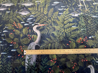 Thumbnail for Herons Velvet Fabric by Meter Dark Sewing Material Grey Fish Frog Bird Pattern Textile Water Nature Green Plants