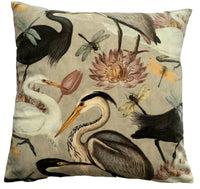 Thumbnail for Herons Birds Cushion Cover Printed Italian Velvet Beige Black Lotus Dragonfly
