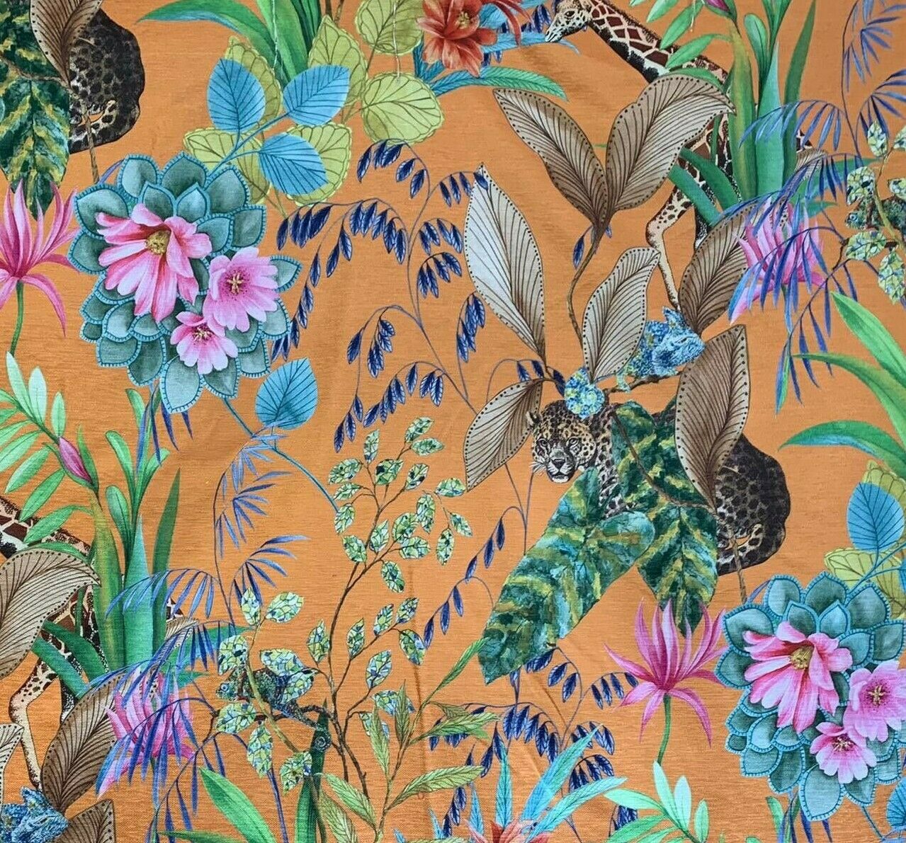 Orange Tonga Jungle Leopard Giraffe Botanic Flower Plants Animal Fabric by Meter