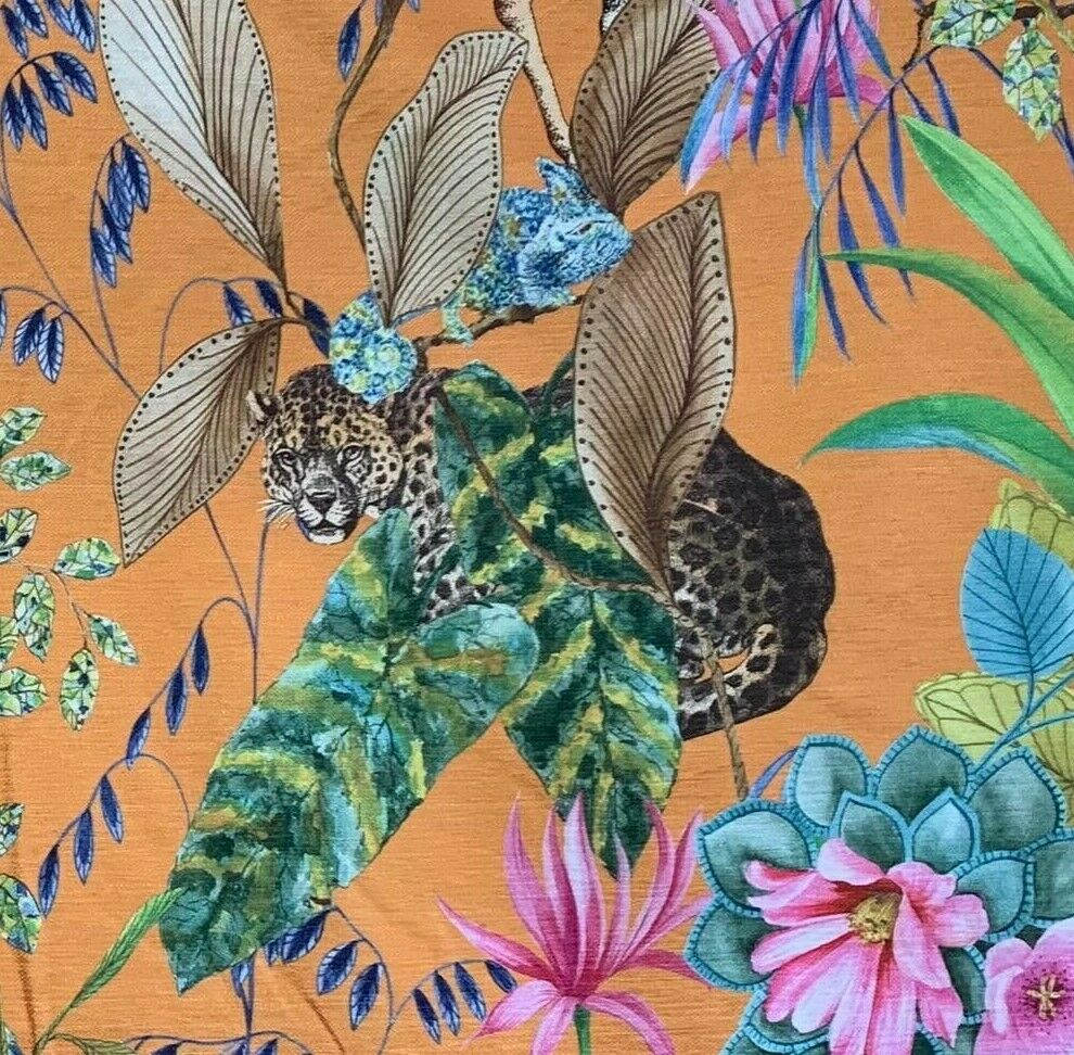 Orange Tonga Jungle Leopard Giraffe Botanic Flower Plants Animal Fabric by Meter