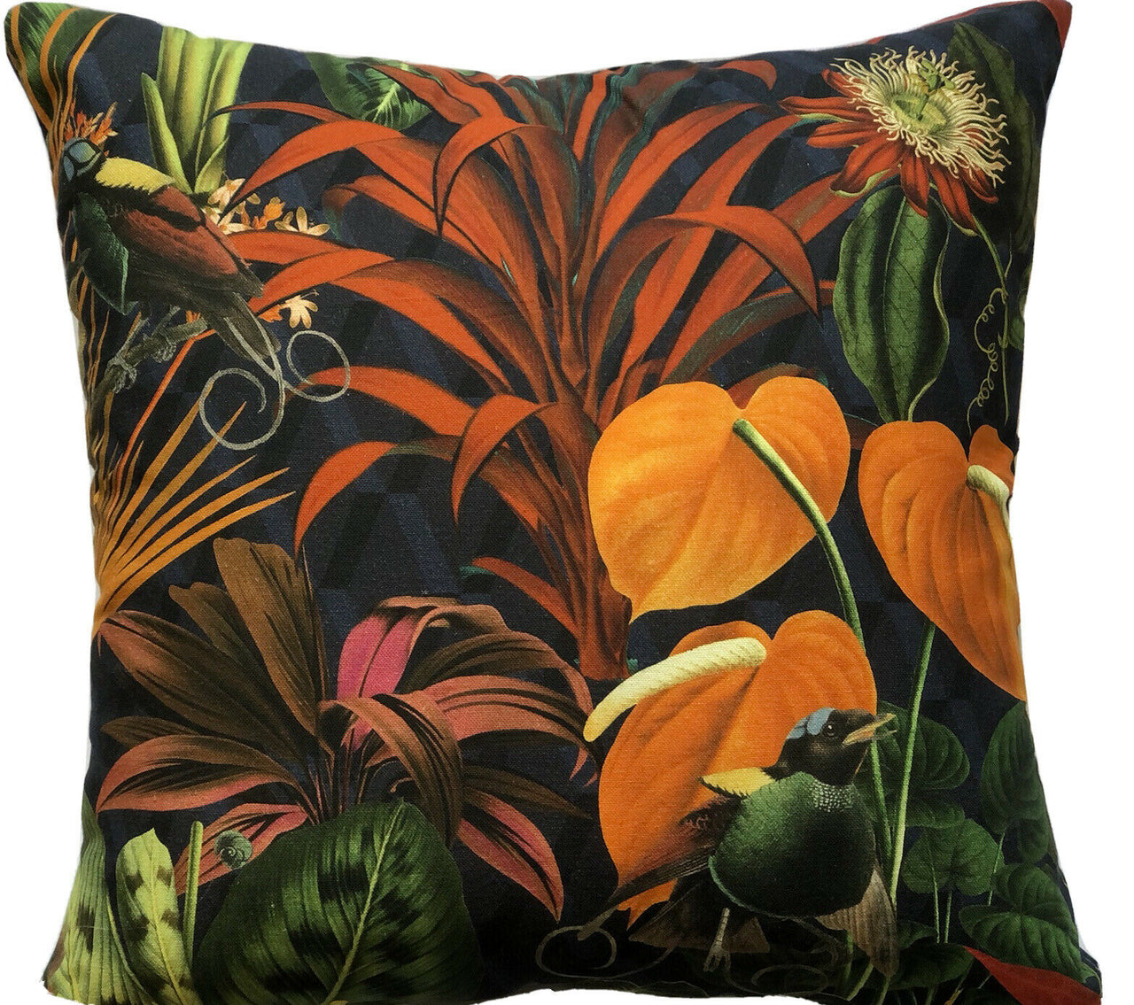 Deep Jungle Cushion Cover Orange Anthurium Tailflower Blue Green Bird Botanical