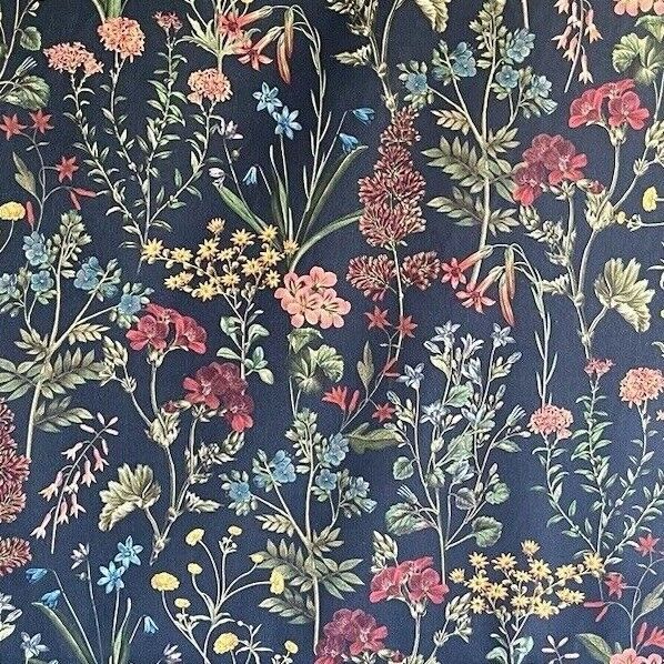 Flower Field Cotton Fabric by Meter Botanical Sewing Material by Yards Floral Print Textile by Metres Hyacinth Azalea Wildflowers Black Textile