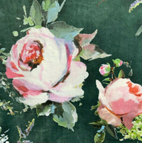 Thumbnail for Pink Roses Italian Velvet Printed Fabric Green Floral Painting Deluxe by Meter