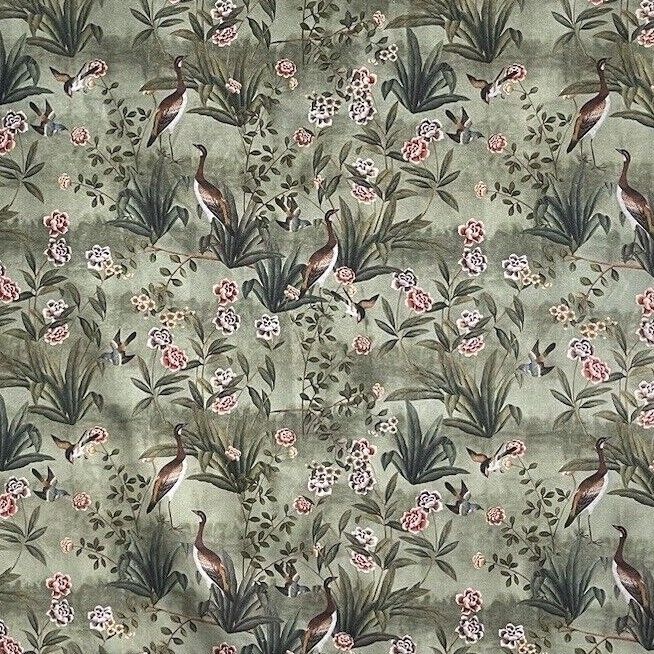 Goose Bird Garden Botanical Vintage Style Printed Green Cotton Fabric by Meter