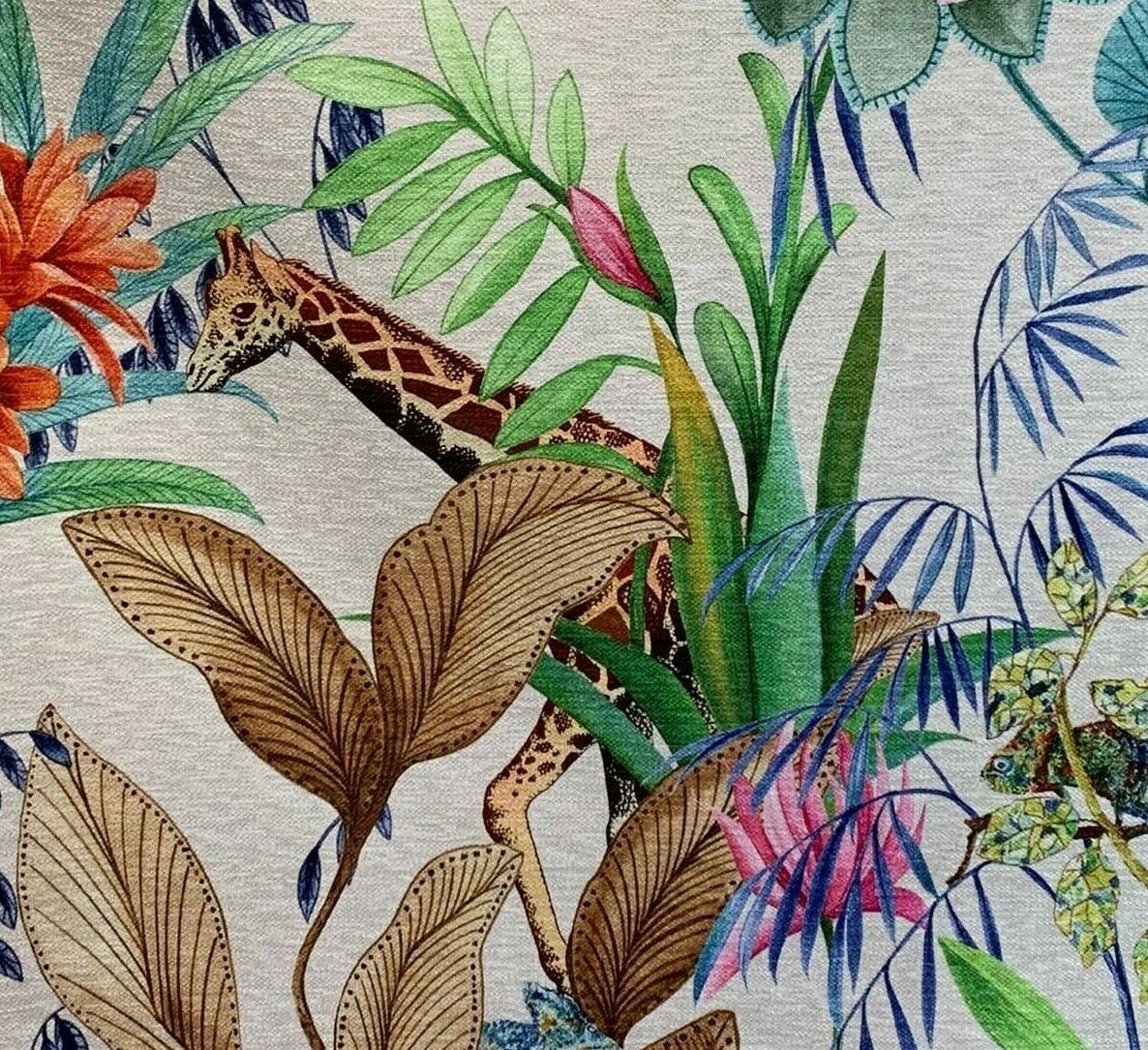 Cream Tonga Jungle Leopard Giraffe Botanic Floral Plants Animals Fabric by Meter