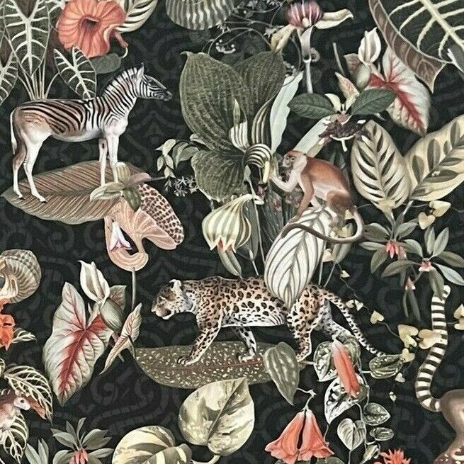 Jungle Kingdom Animals Fabric - Black Velvet Sold by Meter