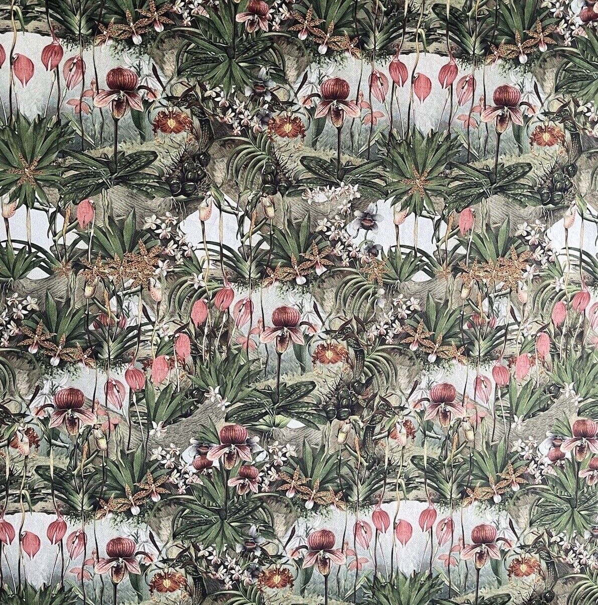 Wilde Orchids Printed Velvet Fabric by Meter Flowers Print Sewing Material Sold Per Yards Metres Green Botanical Textile For Upholstery PillowsYellow Pink Peach