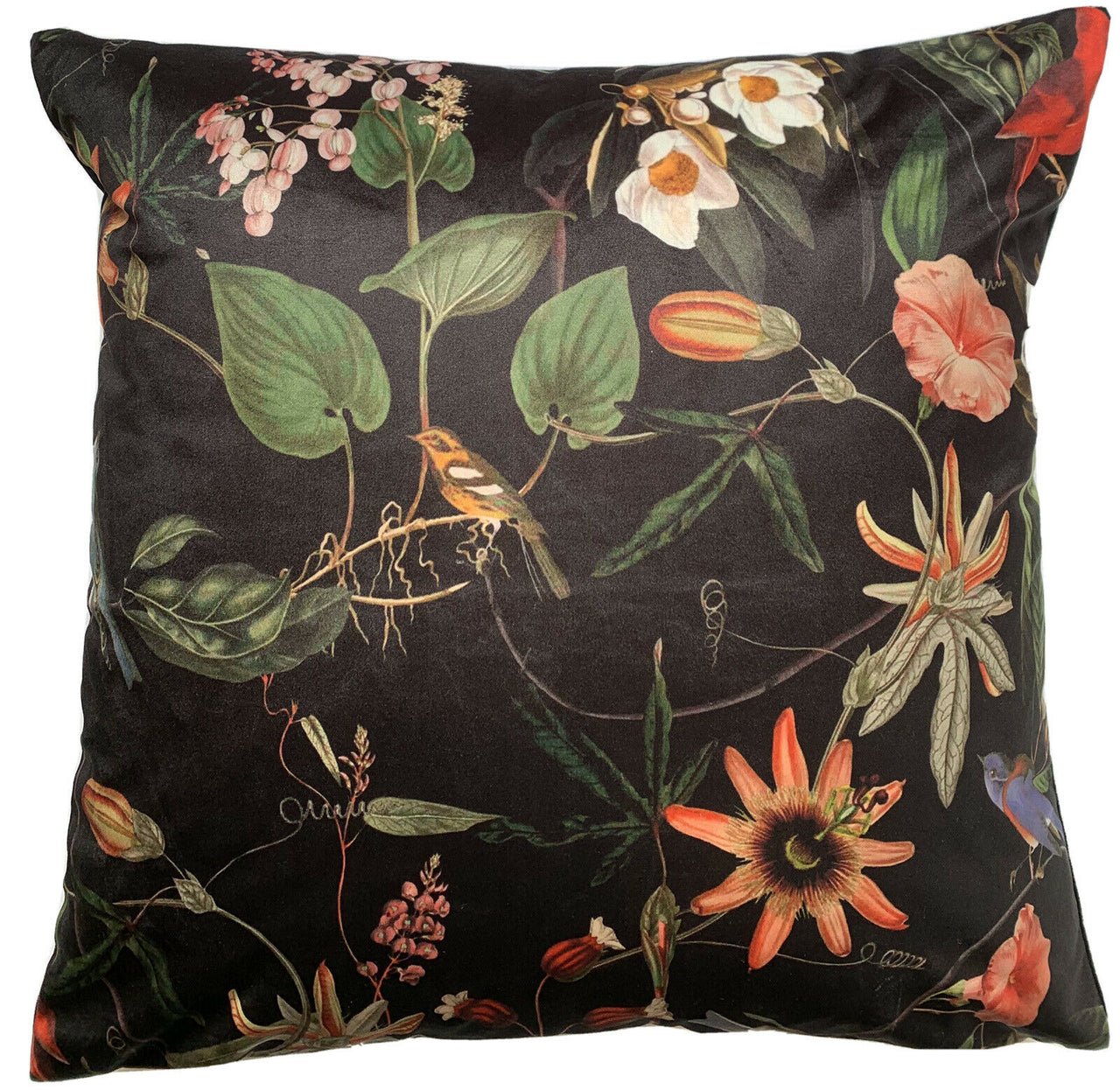 Passiflora Velvet Cushion Cover Birds Decorative Pillow Case Floral Pillowcase Black Sofa Decor Orange Couch Decore