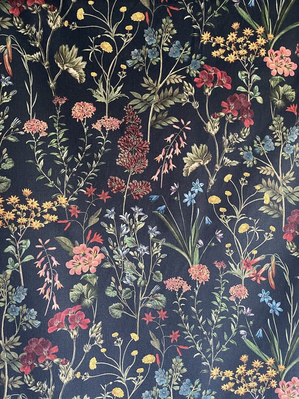 Flower Field Cotton Fabric by Meter Botanical Sewing Material by Yards Floral Print Textile by Metres Hyacinth Azalea Wildflowers Black Textile