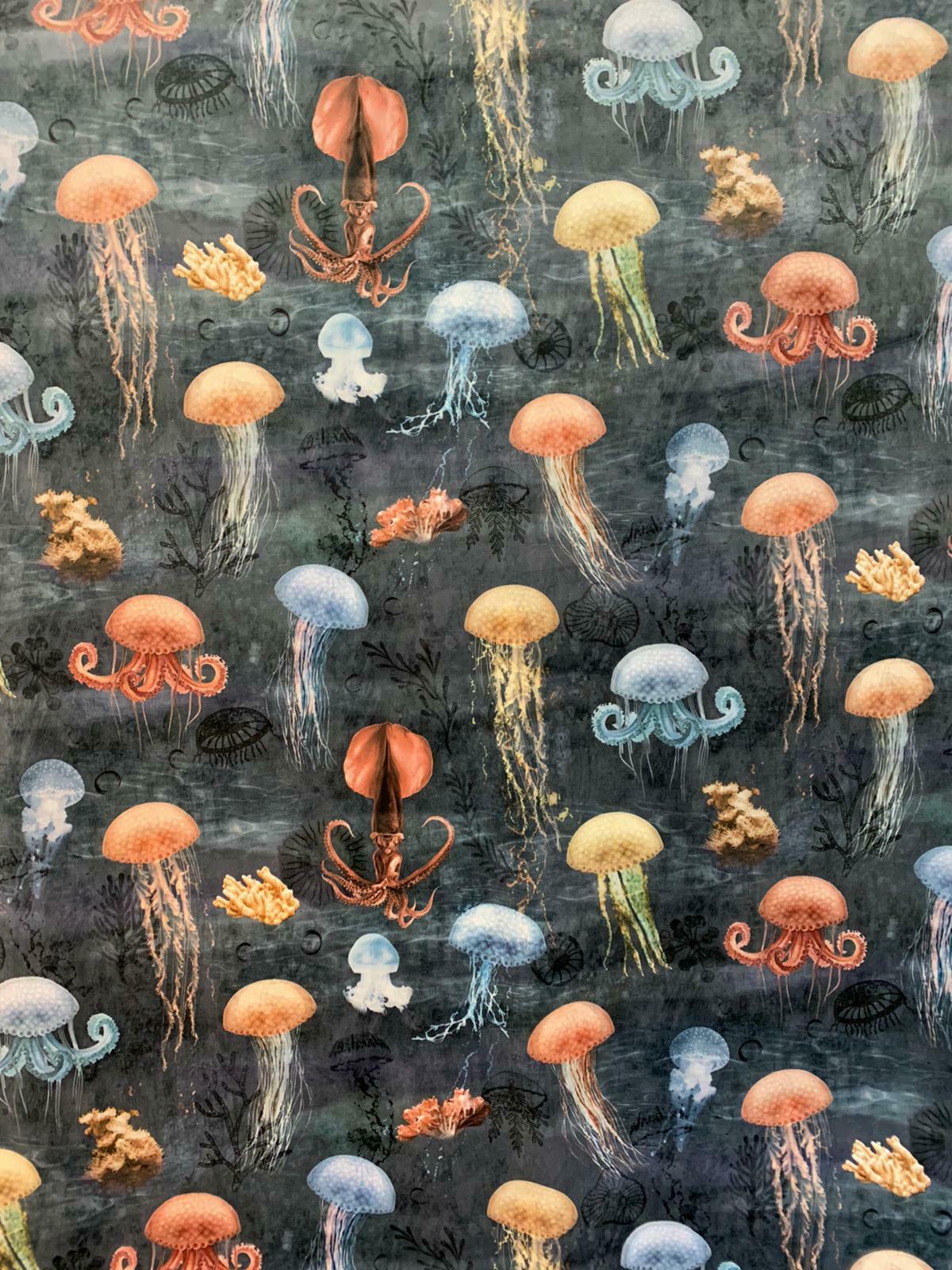 Jellyfish Squid Italian Velvet by Meter Blue Fabric By Yard Sea Life Sewing Material Octopus Starfish Nature Underwater